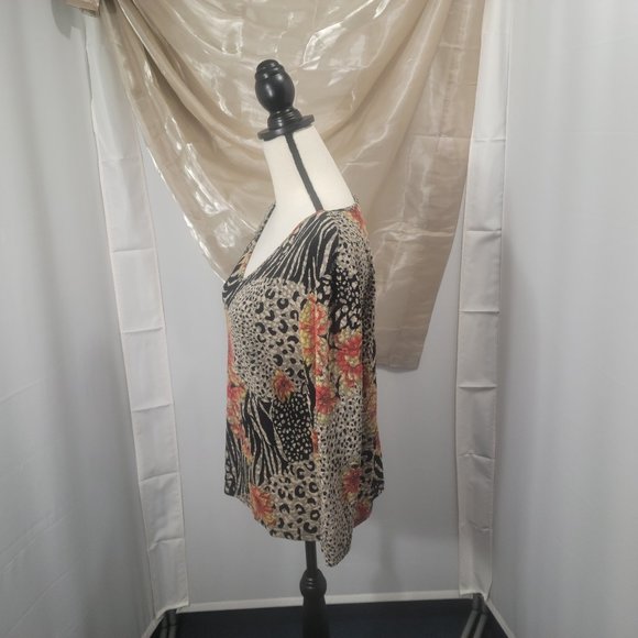 Coldwater blouse, size M, black, orange, tan, floral/animal print - Picture 3 of 4